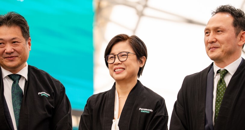 Yuki Kusumi, Panasonic Holdings Corporation CEO; Megan Myungwon Lee, CEO of Panasonic Corporation of North America; and Kris Takamoto, CEO of Panasonic Energy Corporation of North America