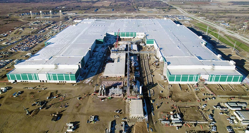 Photo showing an overhead view of Panasonic's EV battery manufacturing facility in De Soto, Kansas